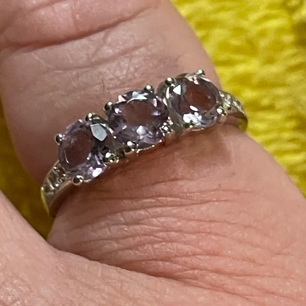 Amethyst Topaz Ring Three-Stone Round Cut Rhodium Sterling Silver Purple W 7 NWT - Picture 8 of 17